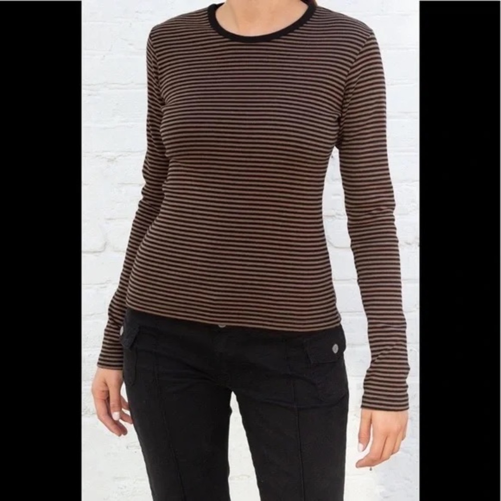 Brandy Melville Black and Brown Striped Long Sleeve Top One Size Fits Most